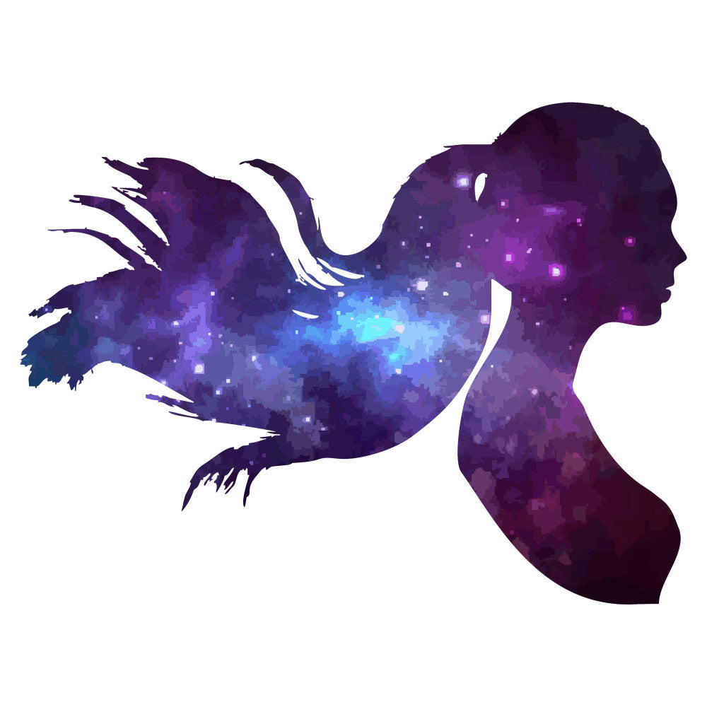 purple, deep purple, magenta, cyan blue, electric blue, cosmic blue, dark blue, silhouette, abstract, celestial, galaxy, starry, pixelated, digital art, modern, contemporary, woman profile, feminine, mystical, enchanted, dreamy, sparkly, glowing, night sky, nebula, constellation, ethereal, bohemian, artistic, flowing hair