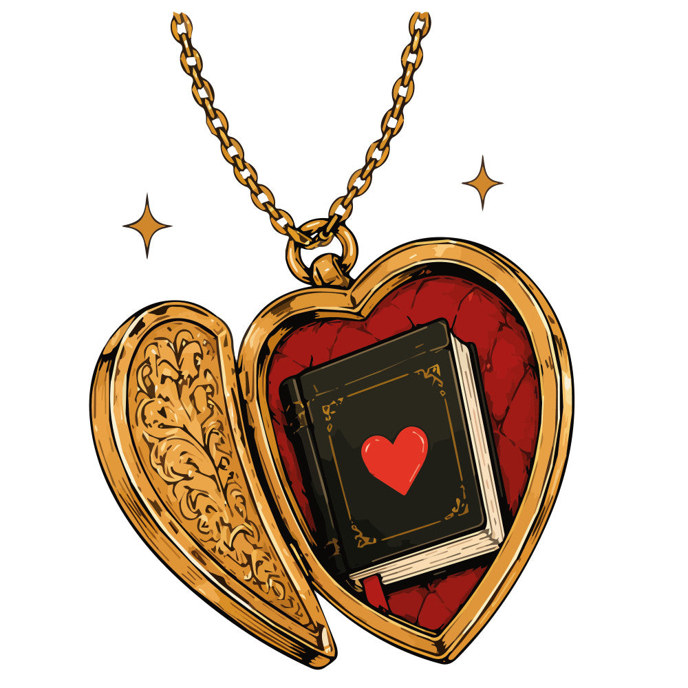 gold, red, black, heart locket, vintage, romantic, elegant, ornate, decorative, book, literature, love, classic, antique, steampunk, victorian, whimsical, charm necklace, gothic romance, literary, treasure, keepsake, golden filigree, crimson red, dark academia, celestial, sparkle, timeless