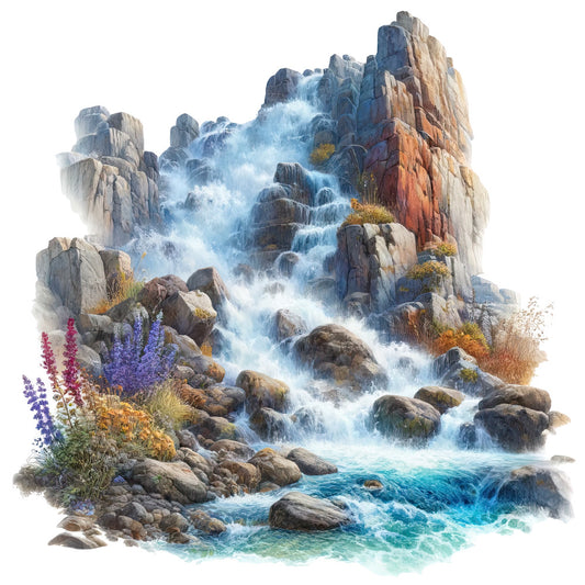 waterfall, rocky cliffs, turquoise water, purple wildflowers, mountain landscape, nature scene, fabric panel, quilting cotton, cascading water, stone formations, alpine flowers, scenic vista, blue water, gray rocks, botanical elements, outdoor wilderness, flowing stream, mountain peaks, natural beauty, artistic illustration