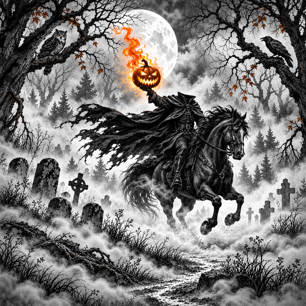 halloween, spooky, pumpkin, jack-o-lantern, headless horseman, black and white, monochrome, grayscale, orange accents, cemetery, graveyard, crosses, tombstones, gothic, dark, eerie, haunted, skeletal horse, full moon, bare trees, crows, ravens, autumn, fall, horror, creepy, supernatural, witchy, dark fantasy, dramatic