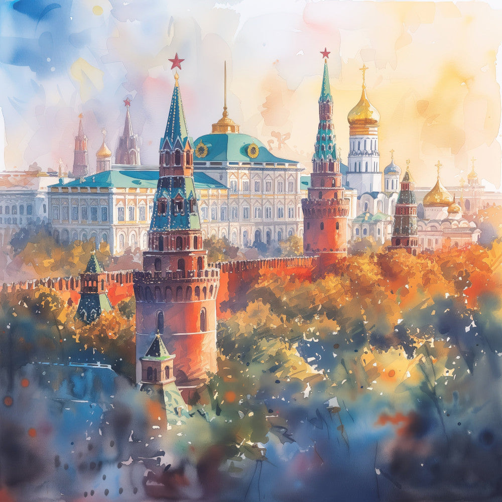 watercolor, gold dome, russian architecture, kremlin, architectural, castle, fairytale, whimsical, fantasy, autumn foliage, fall colors, golden yellow, deep blue, cream, rose red, brick red, teal, soft watercolor, romantic, elegant, vintage travel, travel themed, landscape, cityscape, european architecture, decorative art, storybook, magical, painterly, warm tones