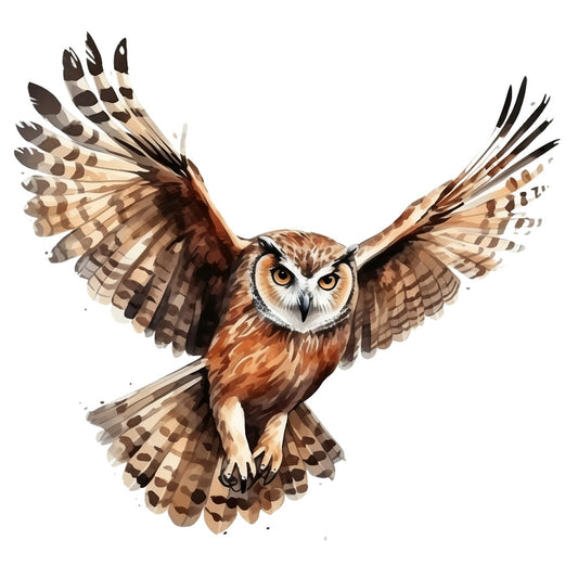 watercolor owl, flying owl, brown owl, tan colors, rust orange, cream tones, black accents, white background, spread wings, owl in flight, fabric panel, quilting cotton, nature theme, bird motif, woodland creature, artistic style, painted effect, wildlife design, feather details, golden eyes