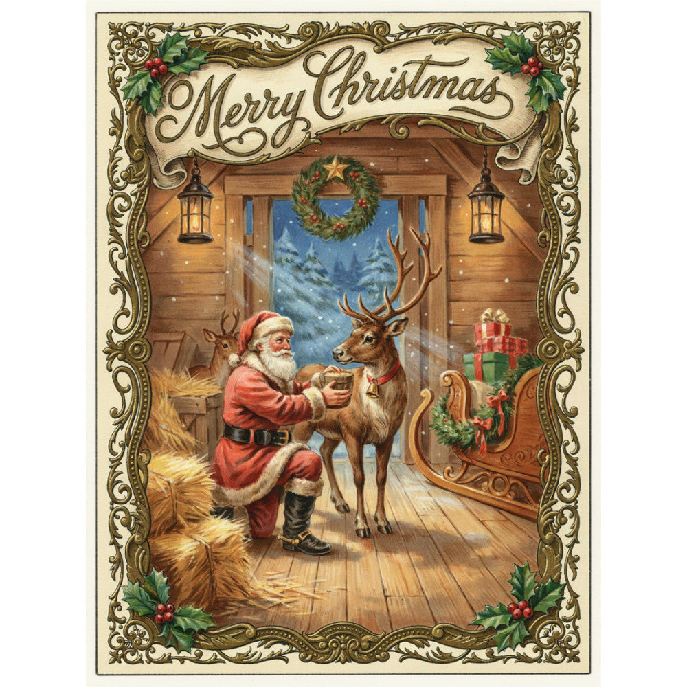 merry christmas, santa, reindeer, holiday, vintage, traditional, elegant, ornate, gold border, holly, red berries, green leaves, winter, christmas decorations, wreath, lanterns, gift boxes, rustic, cozy, warm, cream, red, forest green, gold, brown wood, nostalgic, festive, retro, victorian, classic christmas