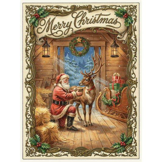 merry christmas, santa, reindeer, holiday, vintage, traditional, elegant, ornate, gold border, holly, red berries, green leaves, winter, christmas decorations, wreath, lanterns, gift boxes, rustic, cozy, warm, cream, red, forest green, gold, brown wood, nostalgic, festive, retro, victorian, classic christmas