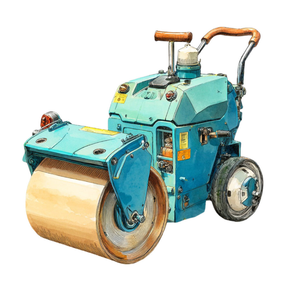 turquoise, aqua blue, rust orange, cream, vintage machinery, road roller, construction equipment, steampunk, industrial, retro, whimsical, nostalgic, transportation, mechanical, vintage vehicles, mid-century modern, playful, quirky, novelty print, children's theme, toile style, detailed illustration, engineered print, humor, mechanical design, steampunk aesthetic, vintage industrial, boy's quilt, novelty fabric