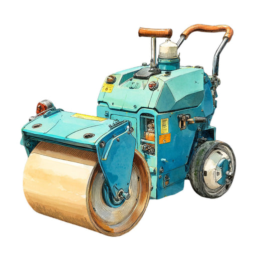 turquoise, aqua blue, rust orange, cream, vintage machinery, road roller, construction equipment, steampunk, industrial, retro, whimsical, nostalgic, transportation, mechanical, vintage vehicles, mid-century modern, playful, quirky, novelty print, children's theme, toile style, detailed illustration, engineered print, humor, mechanical design, steampunk aesthetic, vintage industrial, boy's quilt, novelty fabric