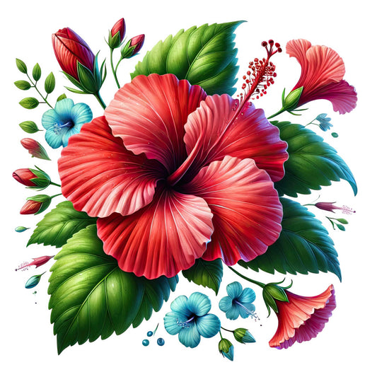 coral pink, crimson red, magenta, vibrant red, teal blue, turquoise, forest green, lime green, tropical flowers, hibiscus, floral, botanical, nature, spring, summer, garden, whimsical, elegant, vibrant, colorful, artistic, decorative, statement print, large scale floral, layered petals, multi-colored, jewel tones, modern botanical, contemporary floral, decorative panel