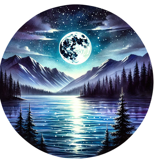 mountain landscape, night sky, full moon, starry sky, lake reflection, evergreen trees, snow-capped peaks, circular panel, deep blue, teal, purple, navy, white, moonlight, fabric panel, quilting cotton, nature scene, wilderness, celestial, peaceful mood, winter landscape, pine trees, mountain lake, cosmic, serene