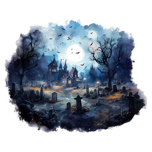 halloween, haunted house, gothic, spooky, midnight blue, navy blue, dark blue, light blue, pale blue, silver, black, orange, full moon, cemetery, graveyard, tombstones, bare trees, castle, bats, birds, flying, celestial, moonlit, eerie, creepy, atmospheric, dark theme, autumn, fall, horror