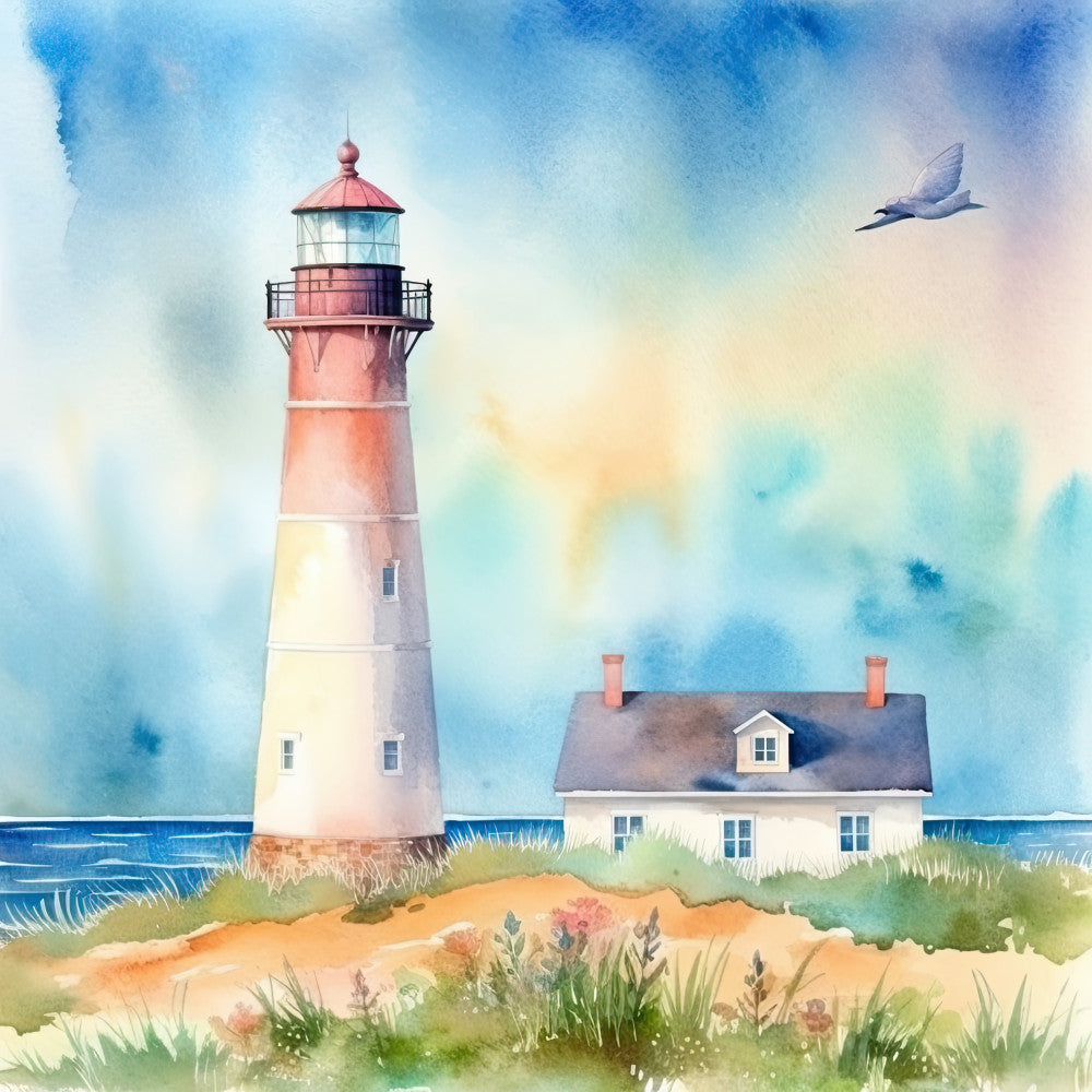 lighthouse, coastal, nautical, beach, seaside, ocean, watercolor, watercolor style, coral pink, cream white, soft blue, sky blue, sandy beige, sage green, cottage core, farmhouse, vintage, scenic, landscape, seascape, birds, flying bird, house, keeper's cottage, sand dunes, beach grass, traditional, peaceful, serene, coastal living