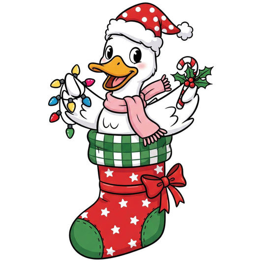 christmas, holiday, duck, goose, festive, santa hat, red and white, forest green, candy cane, holly, decorative, whimsical, cheerful, polka dot, plaid, checkered, stars, white stars, seasonal, winter, red stocking, pink scarf, yellow lights, cute animals, children's, playful, traditional, retro, vintage holiday
