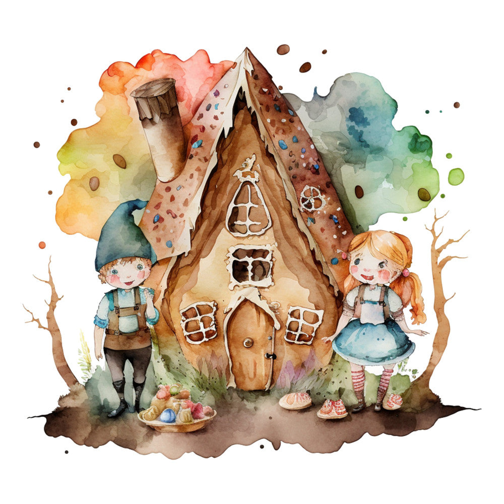 gingerbread house, fairytale, whimsical, children, storybook, watercolor, soft pastels, cream, tan, brown, forest green, sage green, dusty blue, coral pink, peach, autumn, fantasy, enchanted, cottage core, children's illustration, magical, nursery, bedtime story, hansel and gretel, candy house, sweet, playful, vintage illustration, nature backdrop