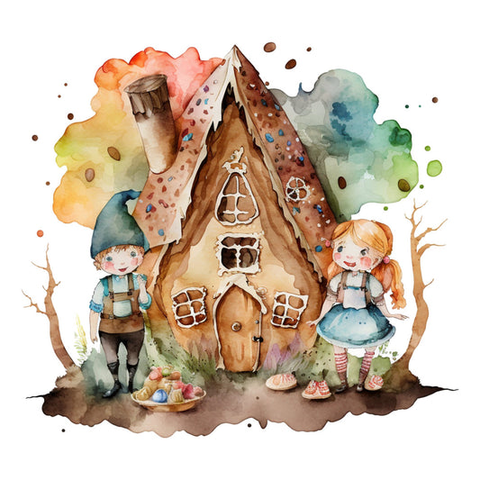 gingerbread house, fairytale, whimsical, children, storybook, watercolor, soft pastels, cream, tan, brown, forest green, sage green, dusty blue, coral pink, peach, autumn, fantasy, enchanted, cottage core, children's illustration, magical, nursery, bedtime story, hansel and gretel, candy house, sweet, playful, vintage illustration, nature backdrop