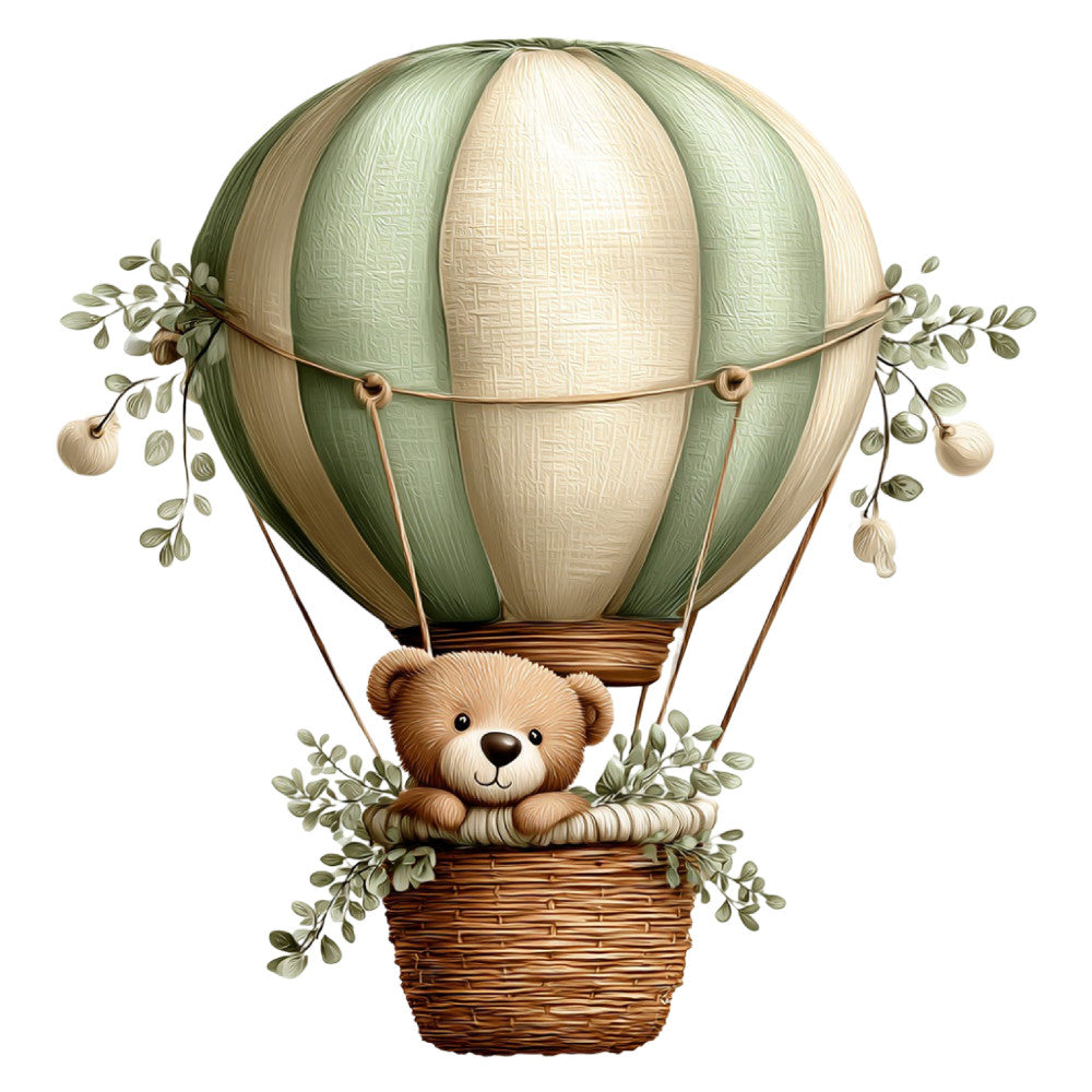 hot air balloon, teddy bear, sage green, cream, tan, beige, soft green, nursery, baby, whimsical, woodland, adventure, travel, sky, botanical, leaves, nature, soft colors, gentle, sweet, baby shower, crib quilt, wall hanging, children's, pastel, vintage style, storybook, dreamy, peaceful, springtime