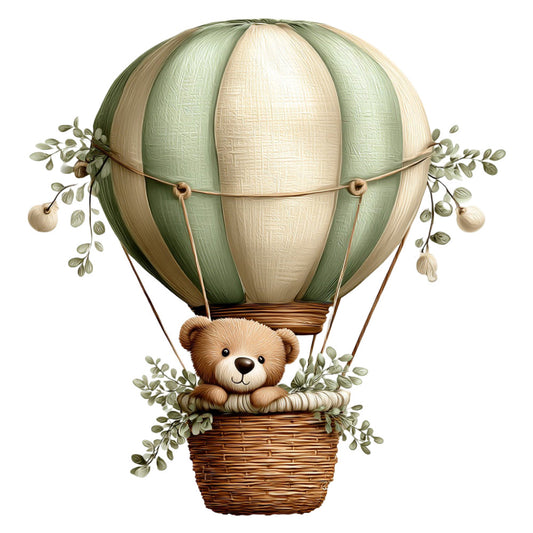 hot air balloon, teddy bear, sage green, cream, tan, beige, soft green, nursery, baby, whimsical, woodland, adventure, travel, sky, botanical, leaves, nature, soft colors, gentle, sweet, baby shower, crib quilt, wall hanging, children's, pastel, vintage style, storybook, dreamy, peaceful, springtime