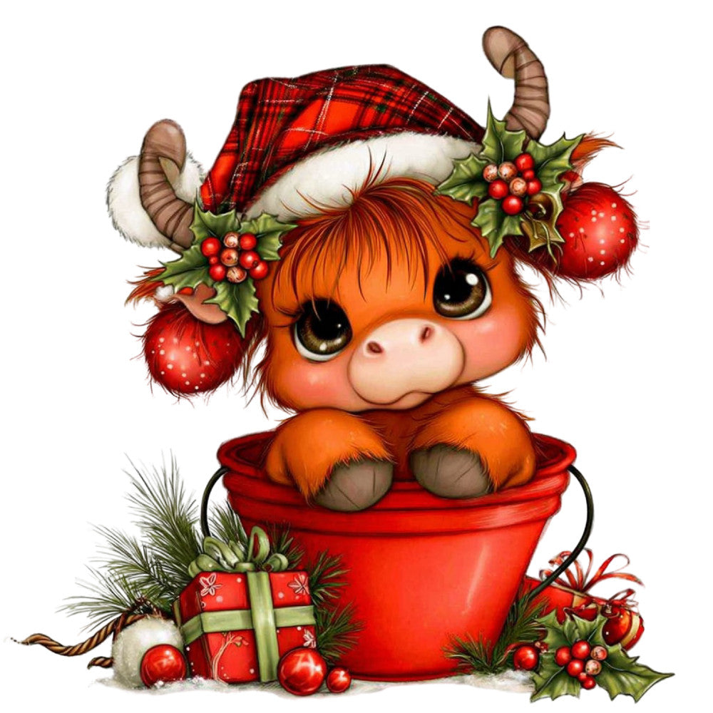 christmas, holiday, festive, red, orange, cream, white, green, plaid, tartan, cute, whimsical, animals, cow, buffalo, highland cattle, santa hat, jolly, seasonal, winter, red plaid, holly berries, ornaments, gift box, pine needles, cozy, charming, children's, playful, decoration