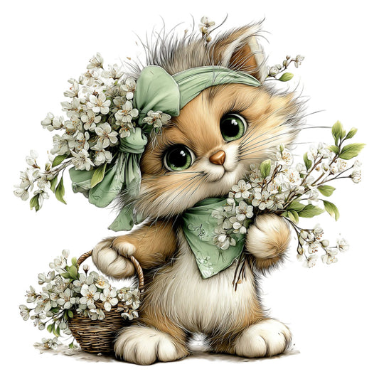 cute kitten, fluffy cat, baby animals, cream white, sage green, soft green, mint green, tan, beige, brown, floral, white flowers, botanical, nature, whimsical, adorable, sweet, nursery, baby quilt, spring, easter, feminine, cottage core, storybook, illustrated, animal friends, playful, gentle, soft colors, garden flowers