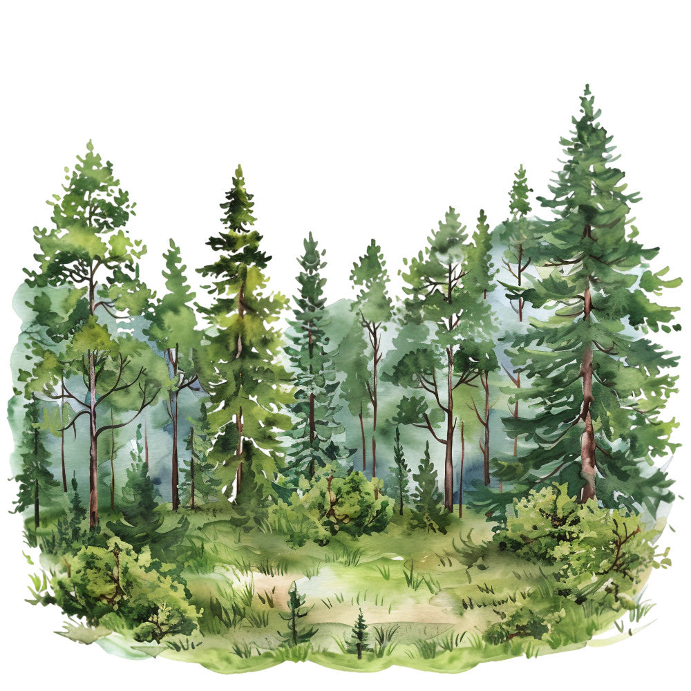 watercolor, forest scene, green foliage, pine trees, evergreen, nature landscape, summer theme, fabric panel, quilting cotton, woodland, mixed trees, hiking trail, path, natural scenery, outdoor adventure, botanical, tree canopy, moss green, sage green, rustic charm
