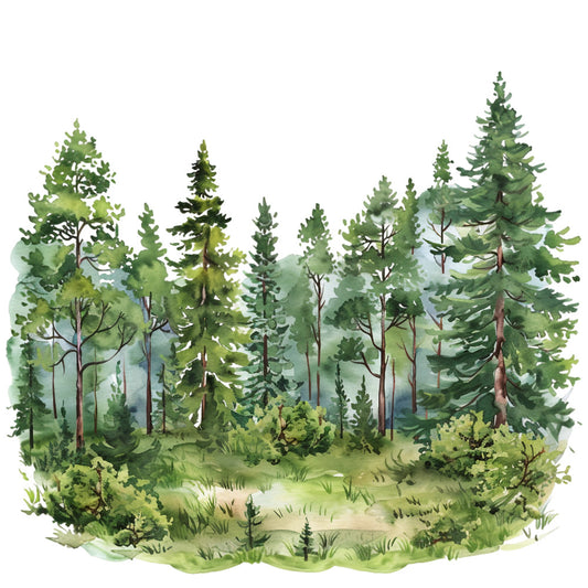 watercolor, forest scene, green foliage, pine trees, evergreen, nature landscape, summer theme, fabric panel, quilting cotton, woodland, mixed trees, hiking trail, path, natural scenery, outdoor adventure, botanical, tree canopy, moss green, sage green, rustic charm
