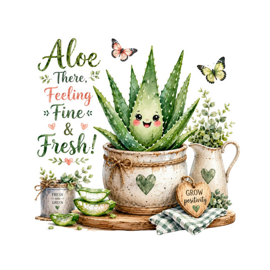 aloe vera, succulent, cactus, botanical, nature, plants, butterflies, inspirational quotes, motivational, heart motifs, sage green, cream, soft green, coral pink, rustic, whimsical, farmhouse, bohemian, spring, garden theme, potted plants, aloe, positive affirmations, decorative, charming, folk art style, cottage core, greenery, natural elements, woodland