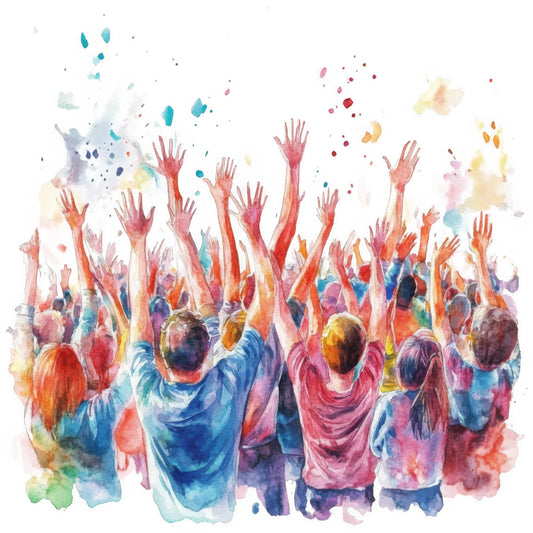 watercolor, abstract, celebration, crowd, hands raised, multicolor, vibrant, coral pink, dusty rose, crimson red, navy blue, golden yellow, turquoise, purple, orange, contemporary, modern art, inspirational, unity, togetherness, diversity, community, joy, festival, people, artistic, splatter, paint effect, bohemian, wall art