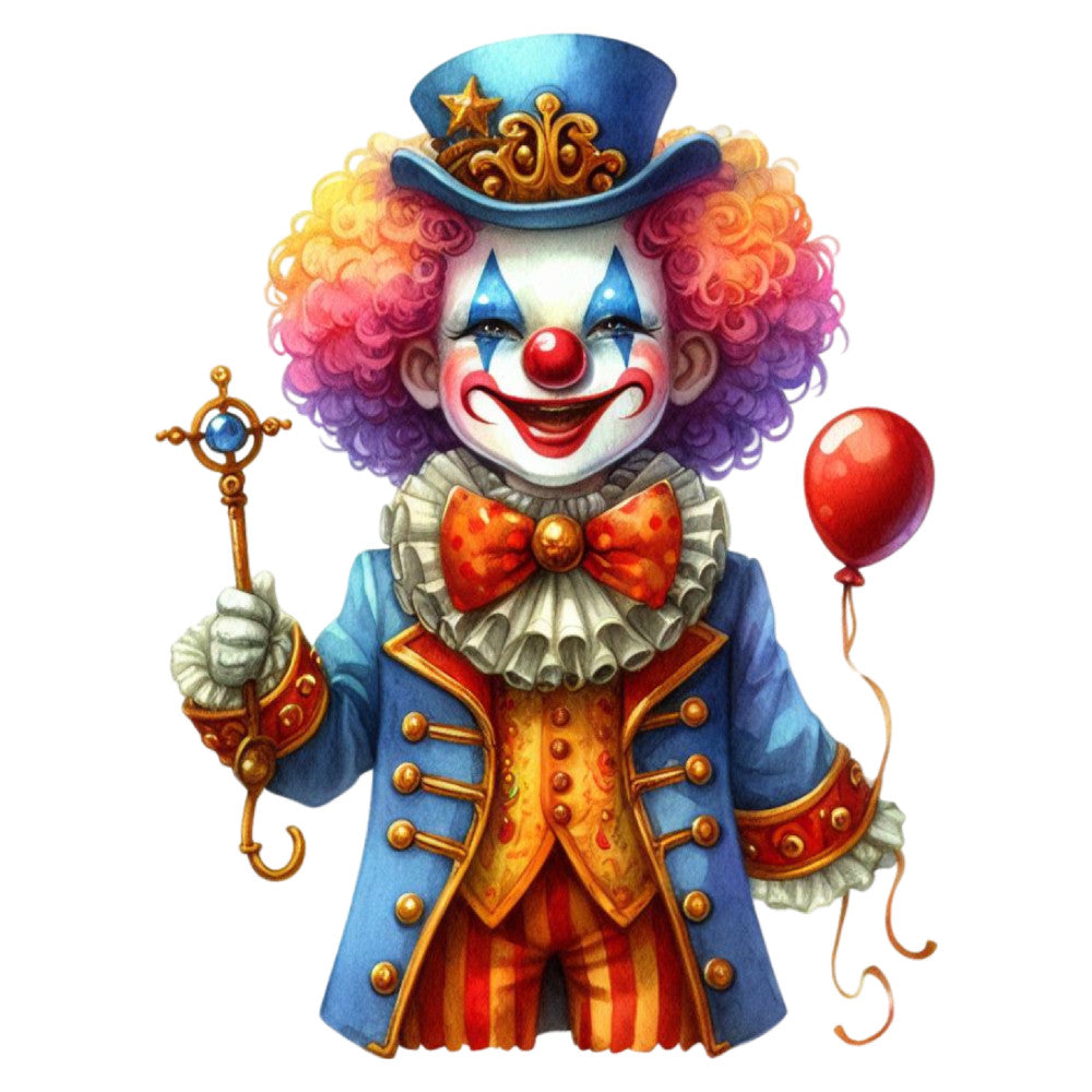 whimsical, clown, circus, colorful, rainbow, gold, blue, red, orange, purple, yellow, ornate, fancy dress, top hat, decorative, magical, entertainment, vintage carnival, retro, playful, children's, fun, performance, character, detailed illustration, festive, joy, celebration, children's book style