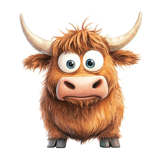 highland cattle, scottish highland, brown, tan, rust, cream, beige, animal face, whimsical, cute, cartoon, children, farmyard, farm animals, livestock, long horns, shaggy coat, rustic, playful, kids, nursery, baby, humorous, character design, folk art, country style, fun prints