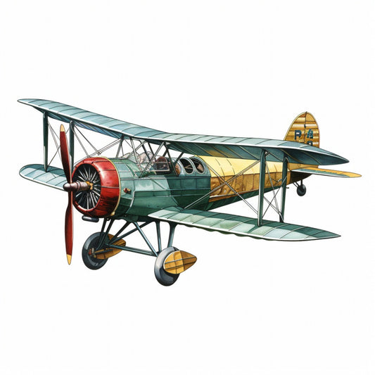 vintage airplane, biplane, aviation, retro aircraft, forest green, cream, gold, yellow, red, propeller plane, 1920s, 1930s, steampunk, transportation, travel theme, antique plane, historical aircraft, nostalgic, classic design, sky blue, mechanical, industrial vintage, exploration theme, adventurous, timeless, heritage, traditional style, collectible print, novelty motif, machinery