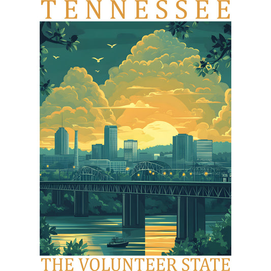 tennessee, volunteer state, cityscape, bridge, river, sunset, golden yellow, teal blue, green foliage, vintage poster style, travel poster, fabric panel, quilting cotton, skyline, water reflection, clouds, birds, retro illustration, state pride, scenic landscape