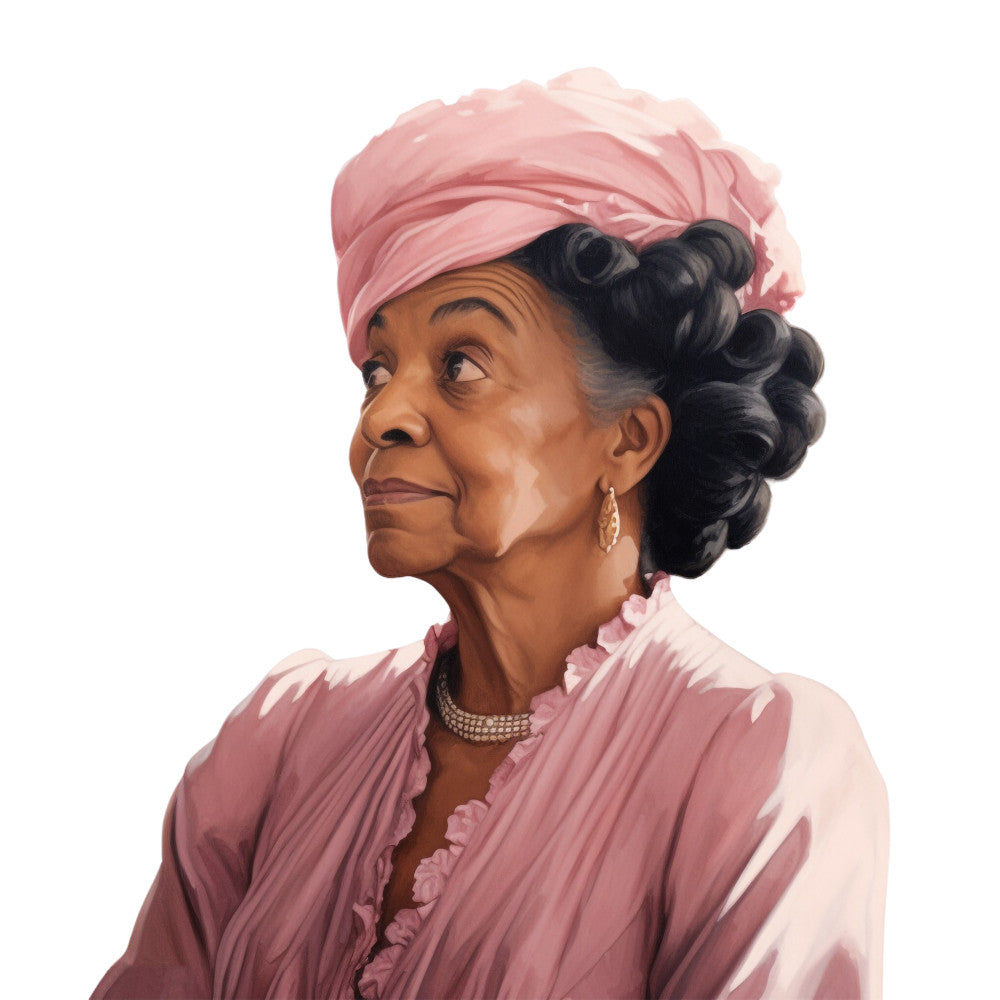 pink, coral, peach, portrait, african american woman, head wrap, turban, pearl necklace, earrings, elegant dress, regal, dignified, fabric panel, quilting cotton, historical fashion, sophisticated, graceful, upward gaze, period costume, refined style