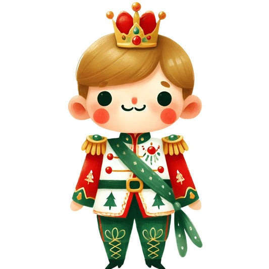 Christmas, holiday, royal, prince, king, nutcracker, festive, red, green, gold, cream, coral pink, forest green, red and green, whimsical, cute, cheerful, character, children, kids, soldier, decorative, Christmas trees, ornaments, jewel tones, elegant, traditional, seasonal, winter, novelty