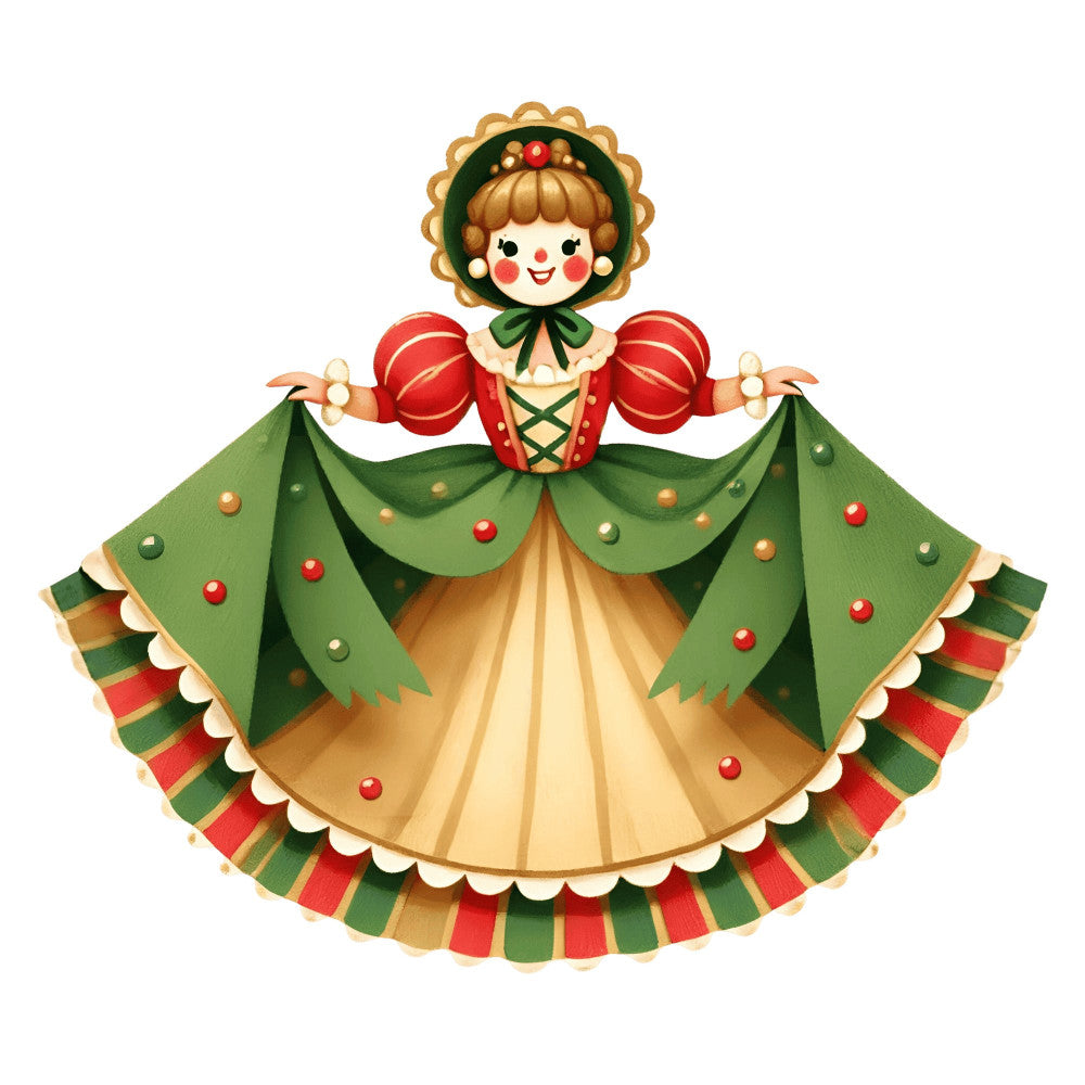 christmas, holiday, vintage, whimsical, retro, folk art, nostalgic, angel doll, red, forest green, cream, gold, striped, festive, traditional, elegant, decorative doll, puffed sleeves, bell ornaments, beaded details, Christmas decoration, winter, seasonal, wall hanging, home decor, embellished, classic holiday, cheerful, magical