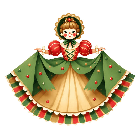 christmas, holiday, vintage, whimsical, retro, folk art, nostalgic, angel doll, red, forest green, cream, gold, striped, festive, traditional, elegant, decorative doll, puffed sleeves, bell ornaments, beaded details, Christmas decoration, winter, seasonal, wall hanging, home decor, embellished, classic holiday, cheerful, magical