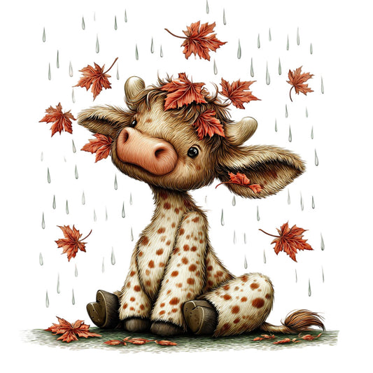autumn, fall, rain, rainy, maple leaves, animals, giraffe, wildlife, brown, tan, cream, rust, orange, red, whimsical, cute, children's, kids, baby, nature, seasonal, leaves falling, woodland, rustic, gentle, playful, nursery, baby quilt, wall hanging, cozy