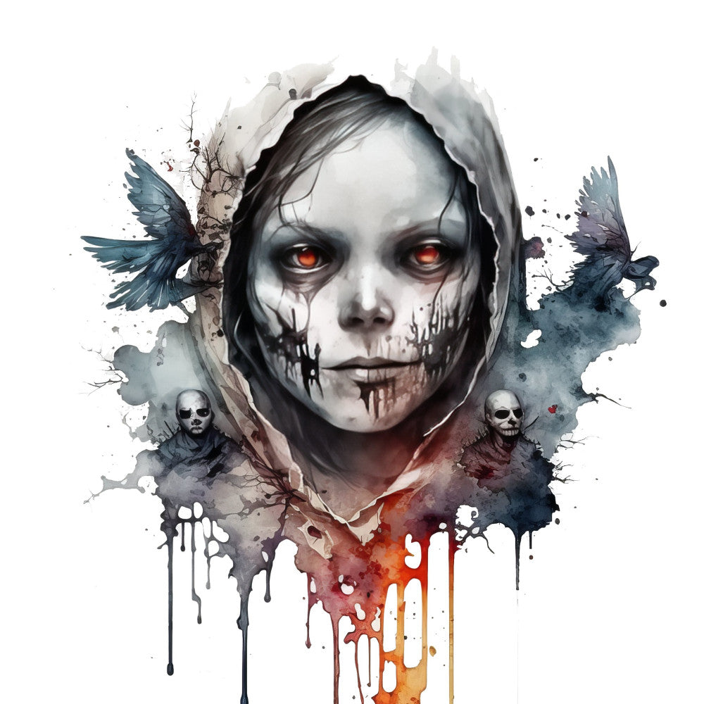 dark fantasy, gothic, skull, watercolor, abstract, black, gray, charcoal, deep red, blood red, orange, teal blue, birds, wings, splatter, drip, ethereal, haunting, spooky, halloween, dark art, grunge, modern gothic, edgy, moody, dramatic, death motif, macabre, artistic, ink splatter