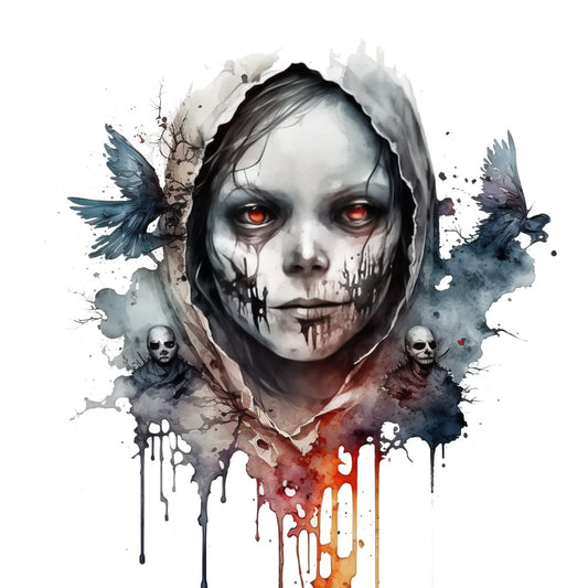 dark fantasy, gothic, skull, watercolor, abstract, black, gray, charcoal, deep red, blood red, orange, teal blue, birds, wings, splatter, drip, ethereal, haunting, spooky, halloween, dark art, grunge, modern gothic, edgy, moody, dramatic, death motif, macabre, artistic, ink splatter