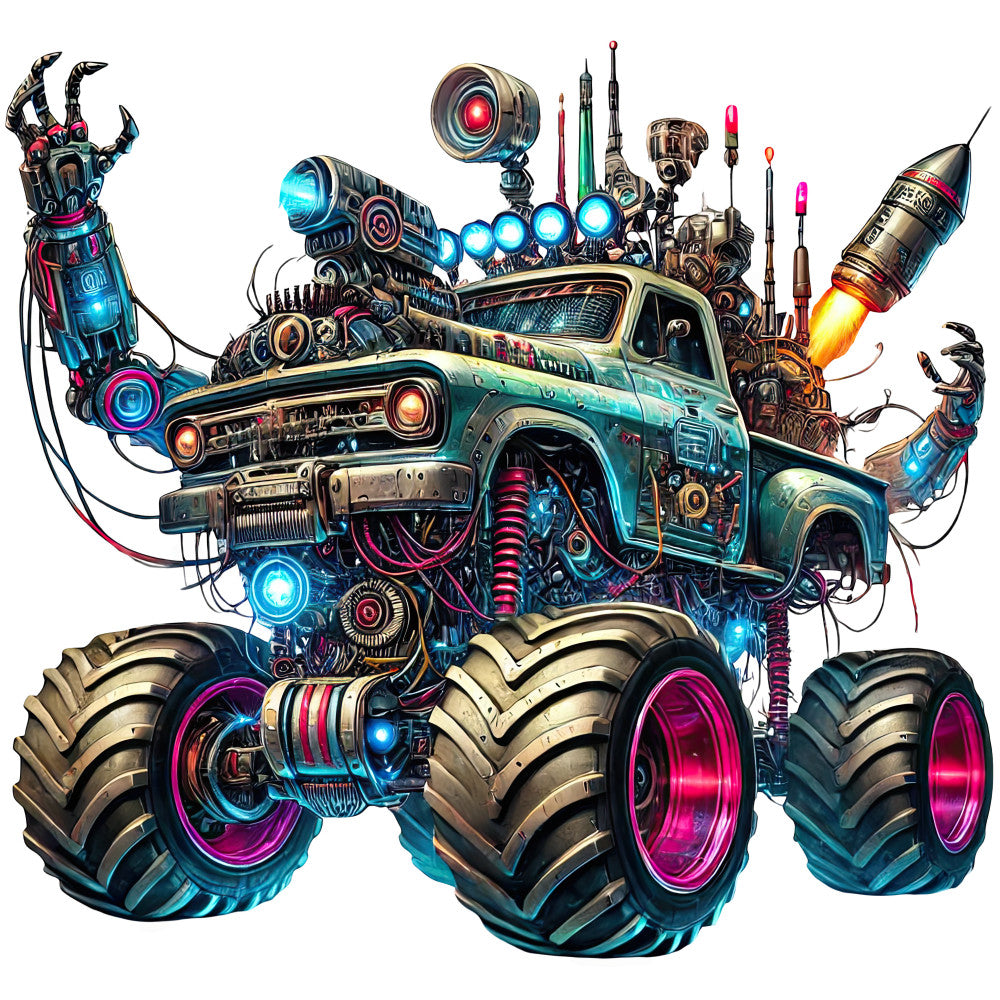 steampunk, cyberpunk, neon blue, hot pink, magenta, teal, turquoise, copper, brass, industrial, mechanical, retro futuristic, vintage truck, monster truck, robot hands, glowing lights, sci-fi, science fiction, bold, edgy, modern, abstract, mechanical gears, neon glow, automotive, vehicle, wall hanging, statement piece, contemporary, tech themed