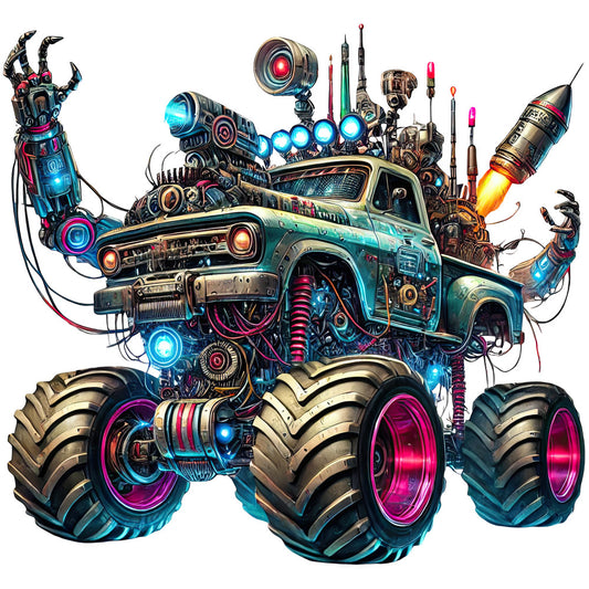 steampunk, cyberpunk, neon blue, hot pink, magenta, teal, turquoise, copper, brass, industrial, mechanical, retro futuristic, vintage truck, monster truck, robot hands, glowing lights, sci-fi, science fiction, bold, edgy, modern, abstract, mechanical gears, neon glow, automotive, vehicle, wall hanging, statement piece, contemporary, tech themed