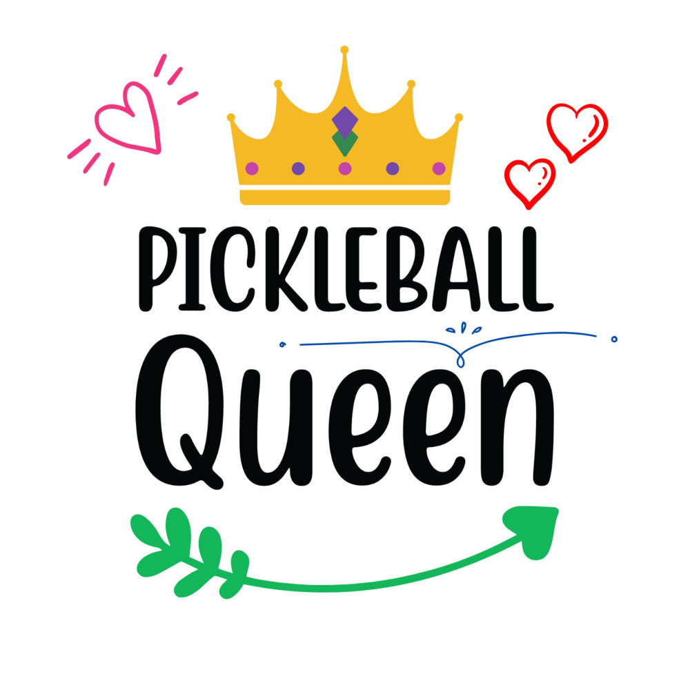 pickleball queen, gold crown, heart motifs, red hearts, pink hearts, sports themed, pickleball design, yellow gold, purple jewels, emerald green, whimsical, modern, playful, casual sports, athletic, hobby themed, inspirational quote, decorative crown, leaf motif, arrow design, fun sports, women sports, novelty print, hobby interests, recreational sports, bright colors, bold text, contemporary style, graphic design, sports fan