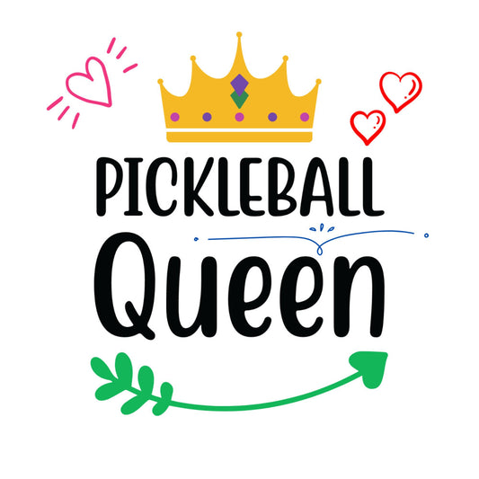 pickleball queen, gold crown, heart motifs, red hearts, pink hearts, sports themed, pickleball design, yellow gold, purple jewels, emerald green, whimsical, modern, playful, casual sports, athletic, hobby themed, inspirational quote, decorative crown, leaf motif, arrow design, fun sports, women sports, novelty print, hobby interests, recreational sports, bright colors, bold text, contemporary style, graphic design, sports fan