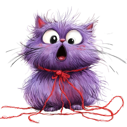 purple cat, violet cat, whimsical cat, cute cat, fluffy cat, surprised expression, big eyes, red bow, red ribbon, animal theme, cat illustration, playful style, children's fabric, nursery fabric, kids design, pet theme, character fabric, cartoon cat, bold colors, jewel tones, purple fabric, red accents, modern whimsical, fun design, decorative panel, baby quilt, wall hanging, children's quilt