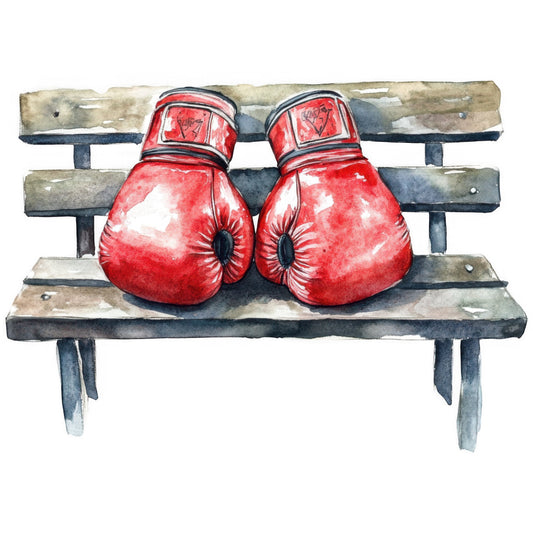boxing gloves, red, bright red, crimson, vintage, sports, athletic, retro, bench, wooden bench, rustic, watercolor, illustration, boxing theme, sports equipment, training, fighter, masculine, strength, competition, boxing ring, vintage sports, heritage, traditional, action, bold, striking, statement design, novelty, hobby