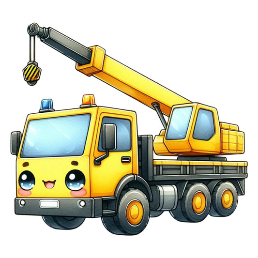 bright yellow, construction truck, crane truck, heavy machinery, vehicles, transportation, cartoon, cute, kawaii, whimsical, playful, children's, kids, baby, cheerful, vibrant, orange accents, blue windows, industrial, vehicles theme, construction theme, boys, toddler, nursery, bright colors, fun, animated, smiling face, character design