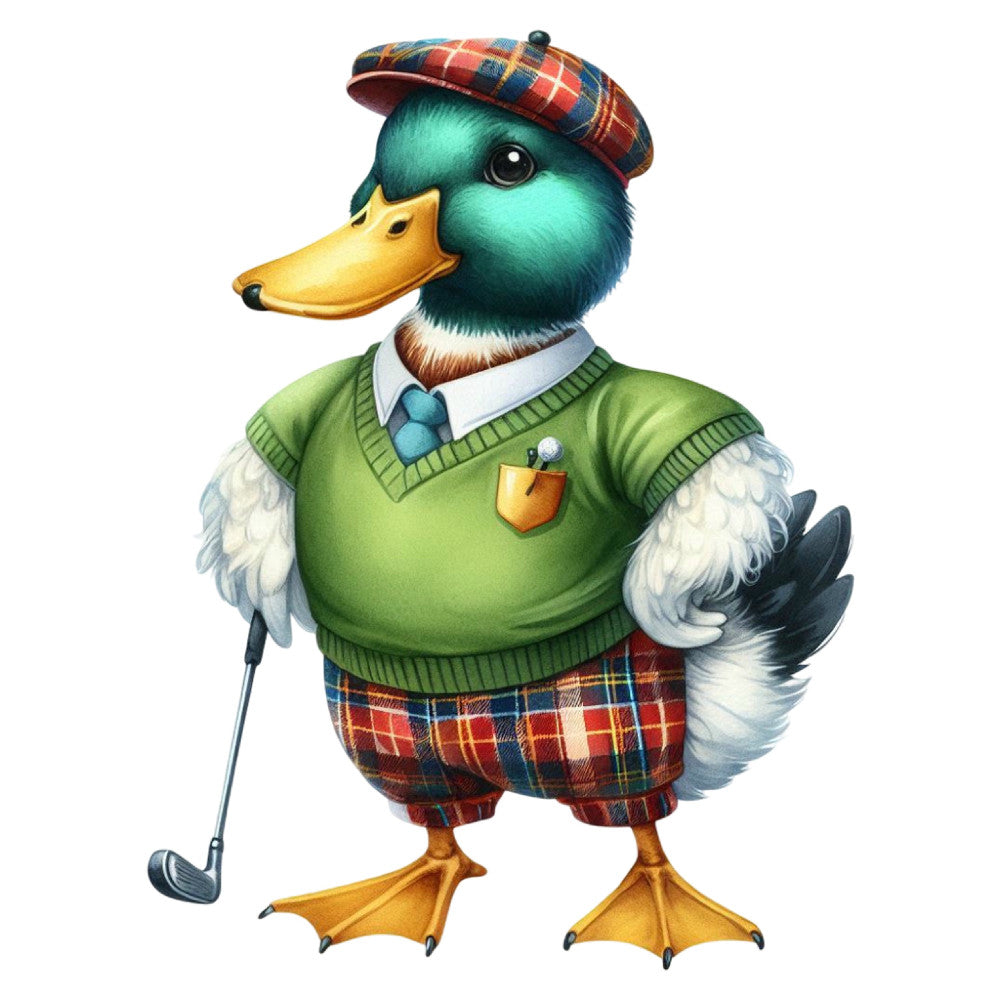 turquoise, teal, golden yellow, forest green, red plaid, tartan, duck, mallard, golf, golfer, whimsical, humorous, animals, vintage, preppy, scottish, plaid pattern, gentleman, anthropomorphic, novelty, quirky, character panel, sporting, country club, retro, coastal, british, charming, fun