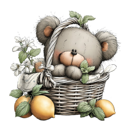 teddy bear, cute animals, whimsical, baby, nursery, soft gray, cream, tan, lemons, citrus, flowers, white flowers, basket, ribbon, mint green, spring, pastoral, gentle, sweet, children's, storybook illustration, vintage style, nature, botanical, soft colors, neutral palette, decorative, gift-worthy, charming, illustrative