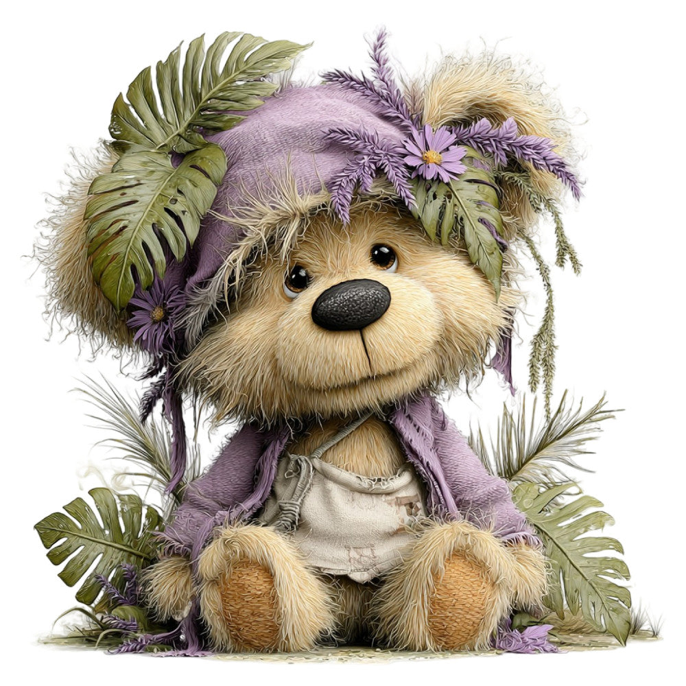 teddy bear, lavender purple, sage green, cream, tan, whimsical, botanical, floral, nature, woodland, cute, adorable, children's, baby, nursery, illustration, storybook, tropical leaves, monstera, daisy flowers, playful, gentle, soft, spring, summer, wall hanging, baby quilt, decorative panel, animal theme, botanical print