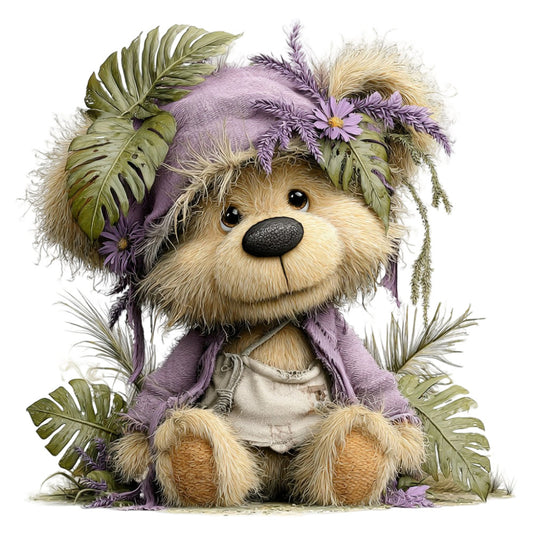 teddy bear, lavender purple, sage green, cream, tan, whimsical, botanical, floral, nature, woodland, cute, adorable, children's, baby, nursery, illustration, storybook, tropical leaves, monstera, daisy flowers, playful, gentle, soft, spring, summer, wall hanging, baby quilt, decorative panel, animal theme, botanical print