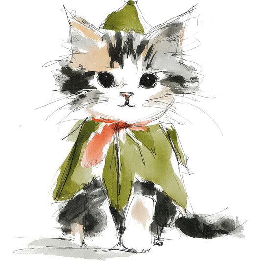 Handdrawn Christmas Cats Fabric Panel 27
