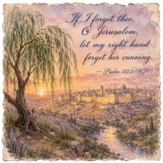 willow tree, jerusalem, biblical, scripture, psalm, sunset, landscape, rustic, vintage, elegant, inspirational, spiritual, nature, architectural, middle eastern, warm tones, golden hour, dusty rose, sage green, tan, beige, cream, religious, heritage, traditional, scenic, timeless, decorative panel, wall hanging, tapestry style