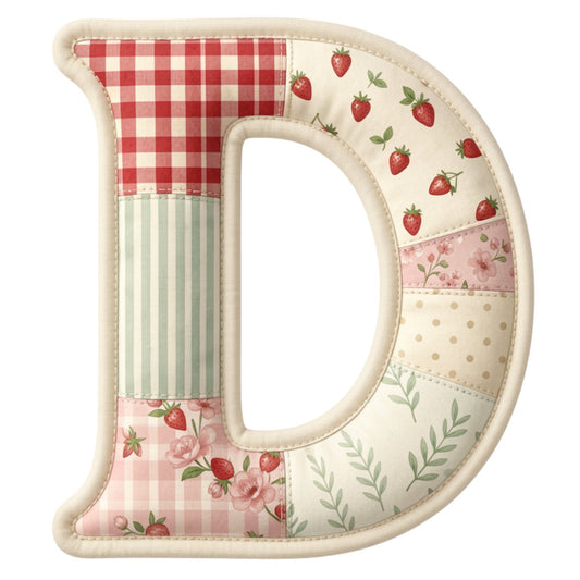 red and white gingham, strawberry print, patchwork, cottage core, farmhouse, vintage, pastels, cream, dusty rose, sage green, floral, striped, botanical, nature-inspired, spring, summer, quilted letter, rustic, traditional, shabby chic, country, strawberries, roses, leaves, polka dots, checkered, appliqué, home décor, wall hanging, personalized